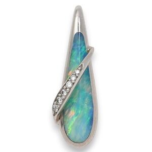 14K White Gold Kabana Natural Diamond & Opal Pendant 1mm 30” Cable Chain 6.2g